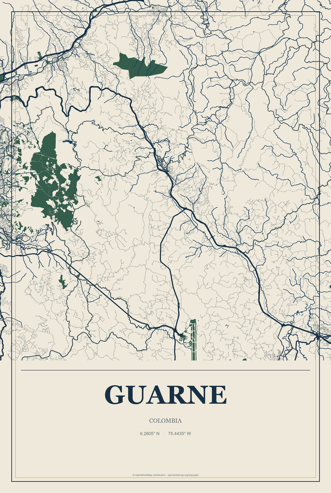 Guarne, Colombia City Map Aluminum Sign in Coastal Cutout style