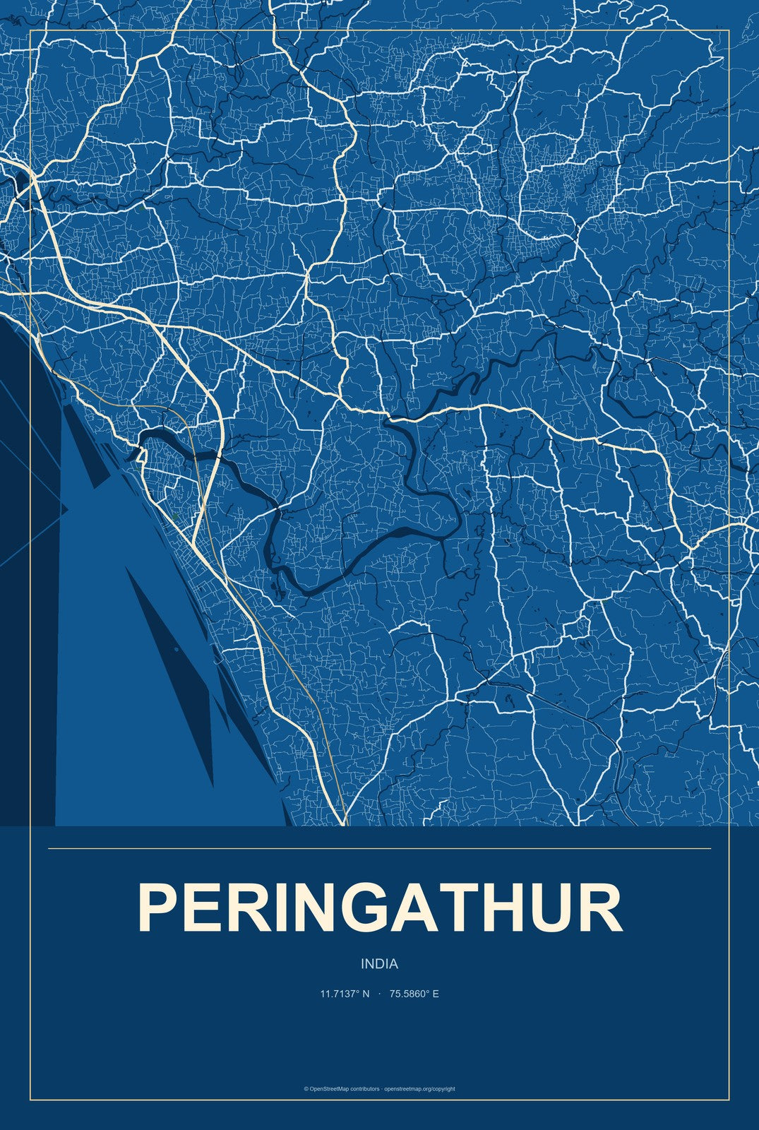 Peringathur, India City Map Aluminum Sign in Harbor Cobalt style