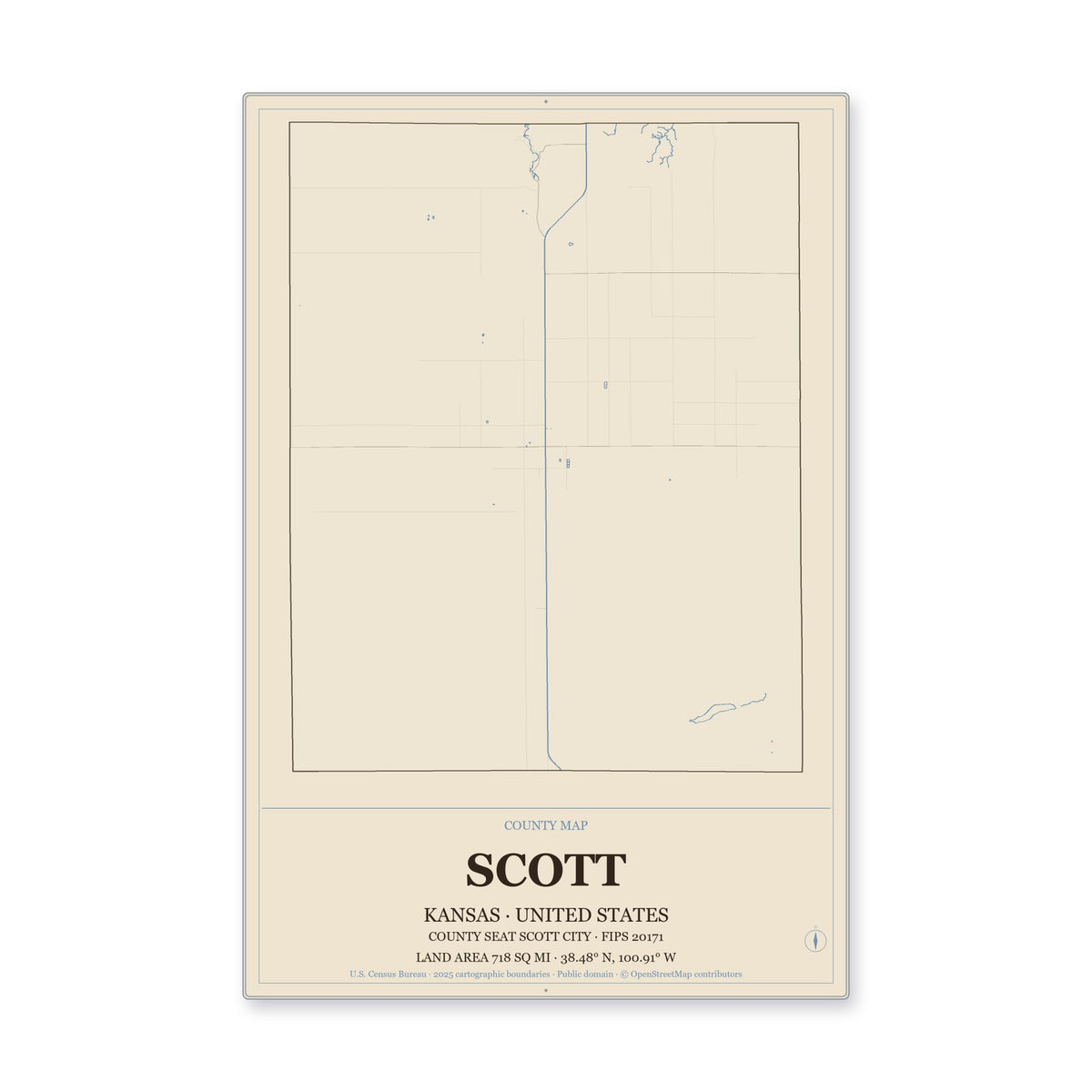 Scott County, Kansas Map Aluminum Sign in Heritage Nautical style