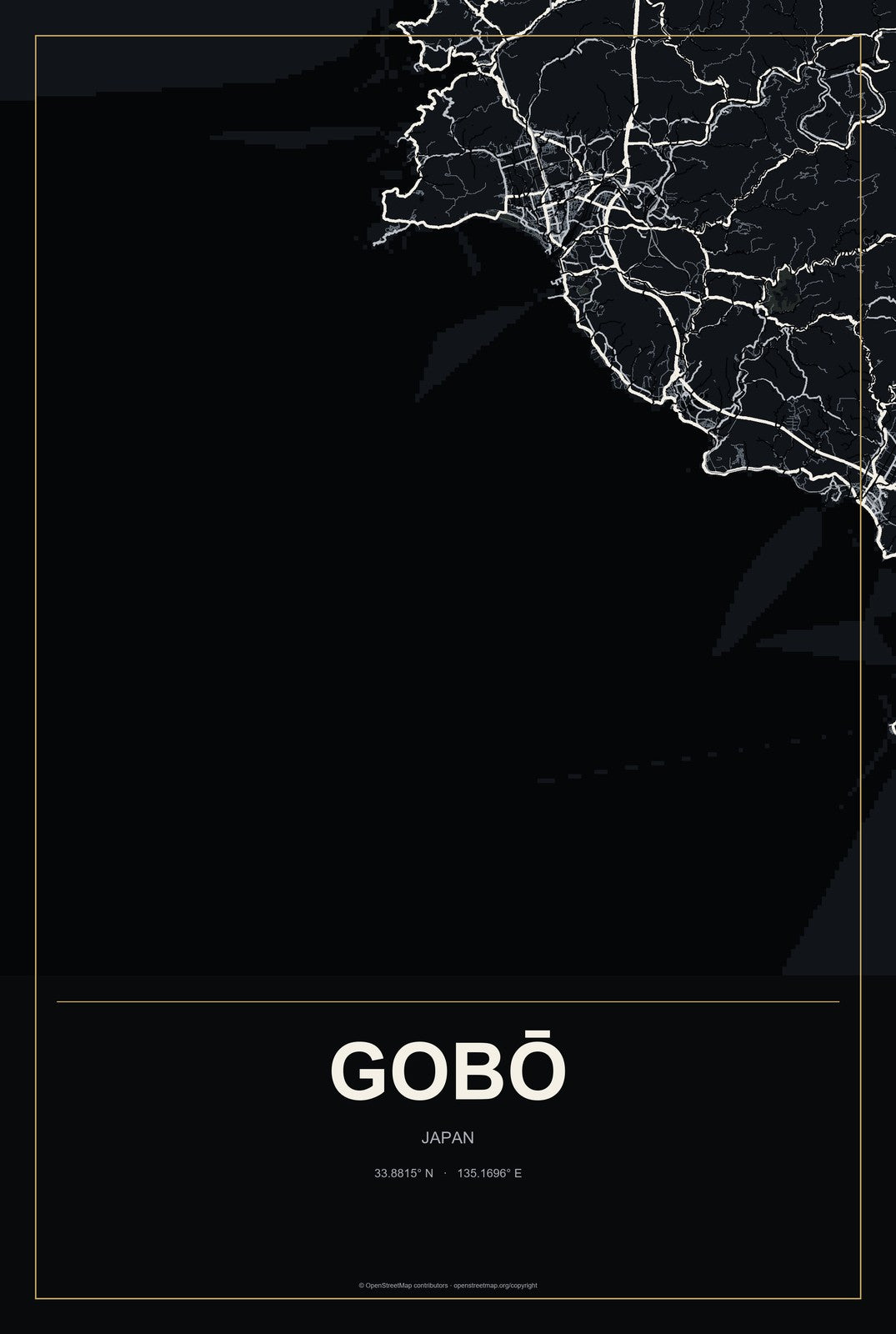 Gobō, Japan City Map Aluminum Sign in Metropolitan Noir style