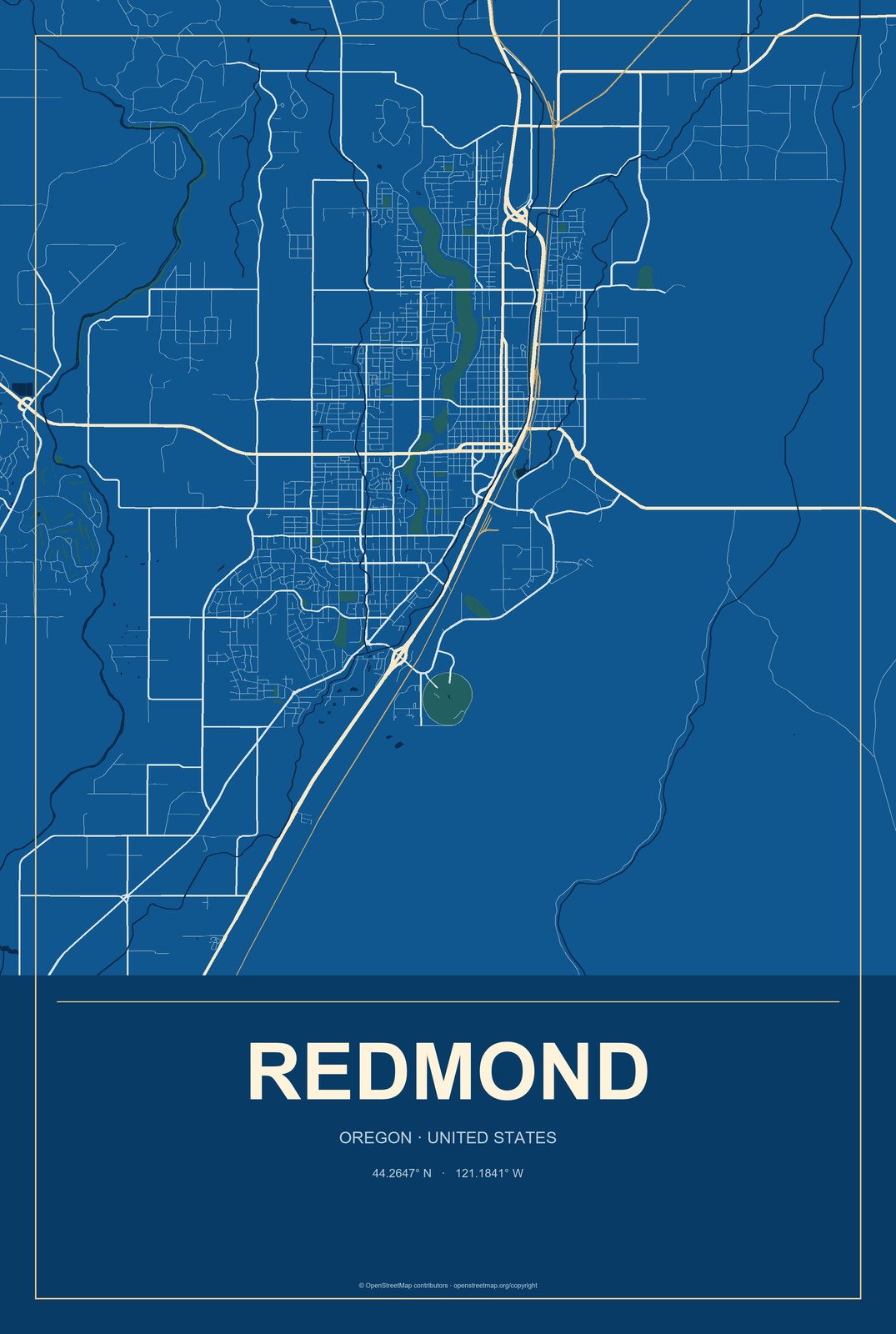 Redmond, Oregon City Map Aluminum Sign in Harbor Cobalt style