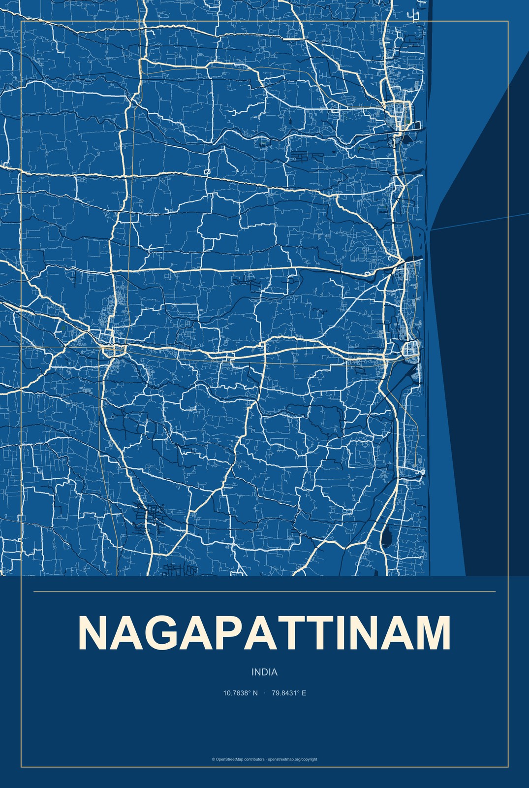 Nagapattinam, India City Map Aluminum Sign in Harbor Cobalt style