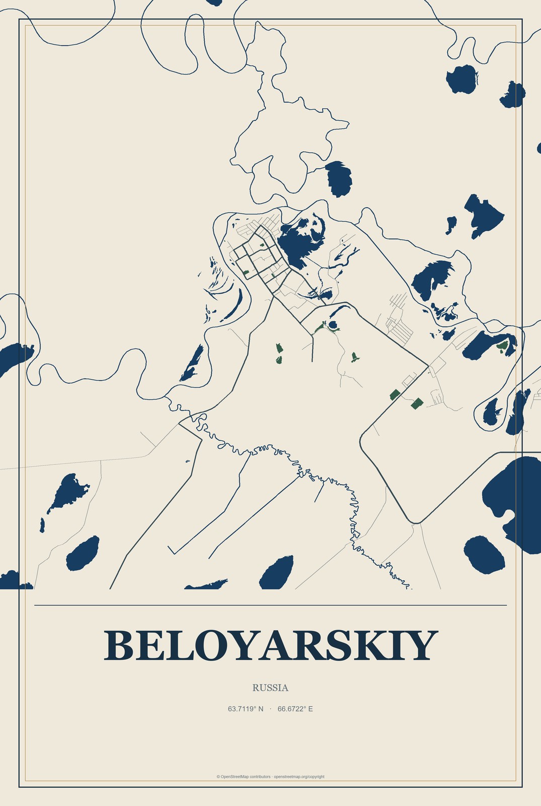 Beloyarskiy, Khanty-Mansia, Russia City Map Aluminum Sign in Coastal Cutout style