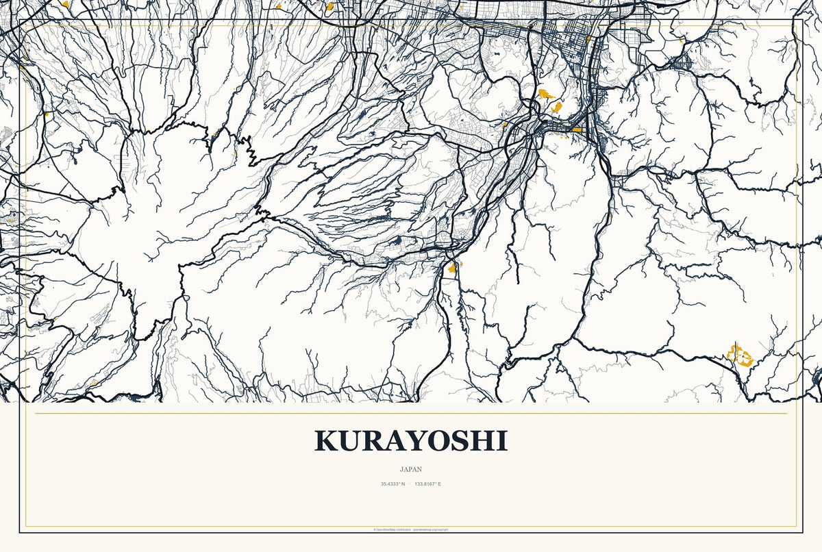 Kurayoshi, Japan City Map Aluminum Sign in Citrine Modern style