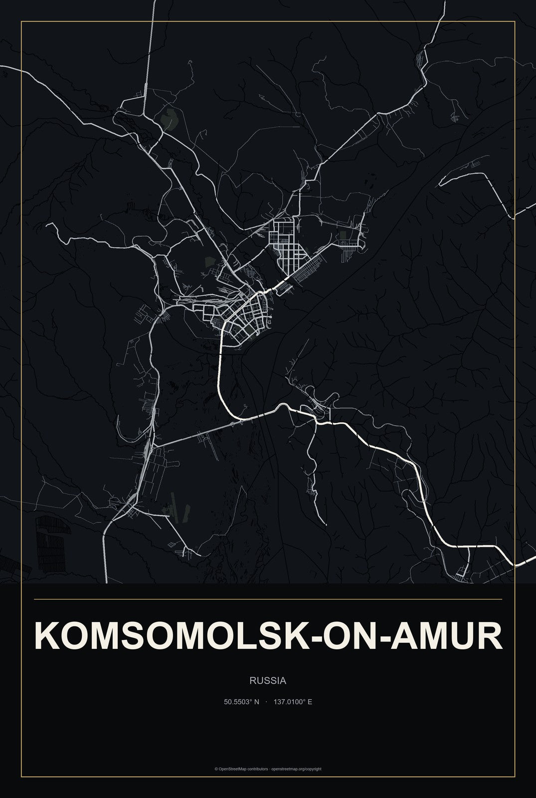 Komsomolsk-on-Amur, Russia City Map Aluminum Sign in Metropolitan Noir style