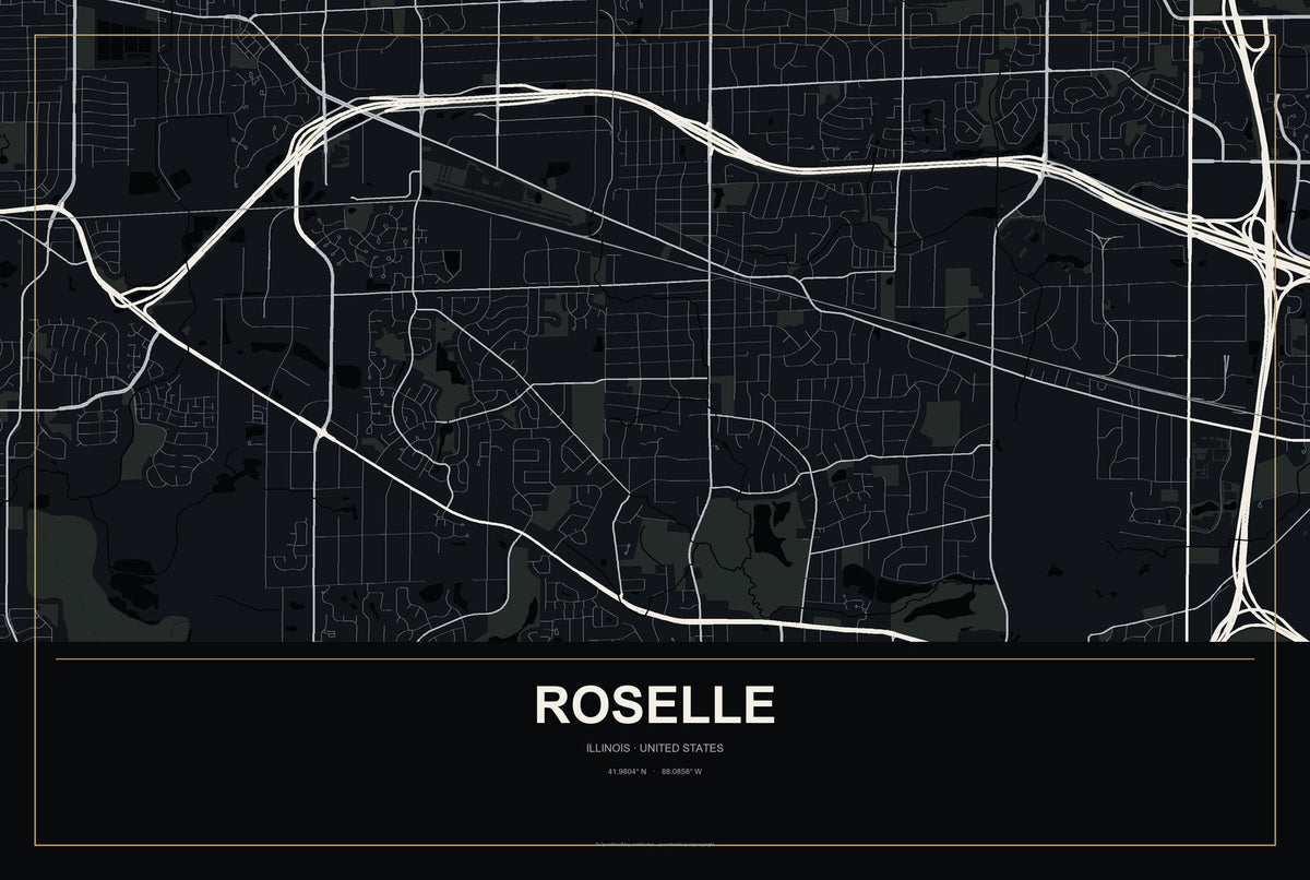 Roselle, Illinois City Map Aluminum Sign in Metropolitan Noir style