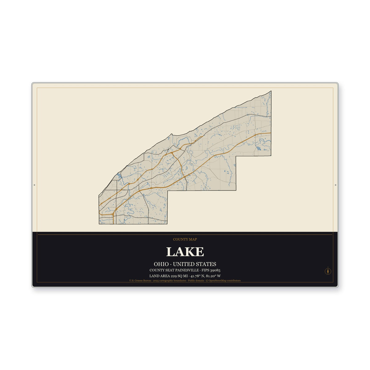 Lake County, Ohio Map Aluminum Sign in Museum Plaque style