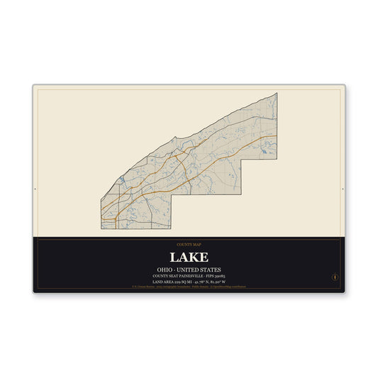 Lake County, Ohio Map Aluminum Sign in Museum Plaque style
