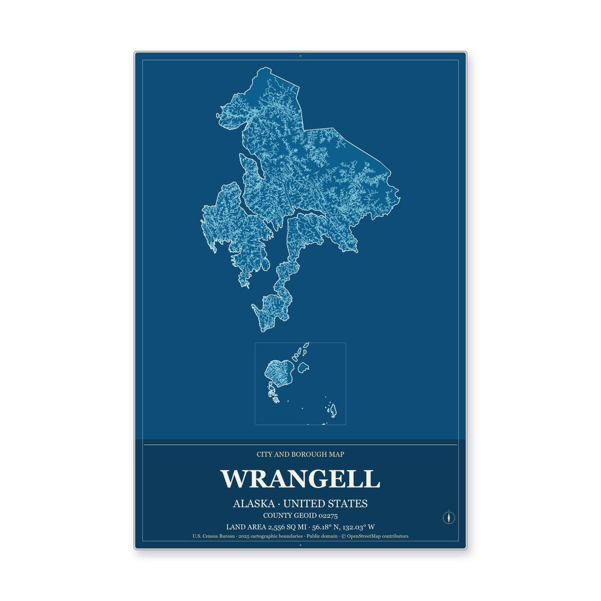 Wrangell City and Borough, Alaska Map Aluminum Sign in Harbor Cobalt style