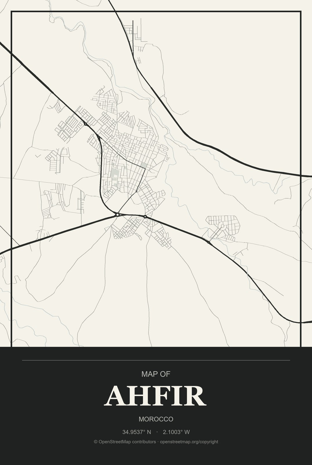 Ahfir, Morocco City Map Aluminum Sign in Museum Plaque style