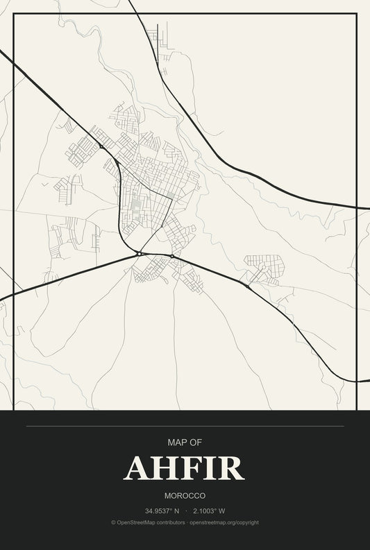 Ahfir, Morocco City Map Aluminum Sign in Museum Plaque style