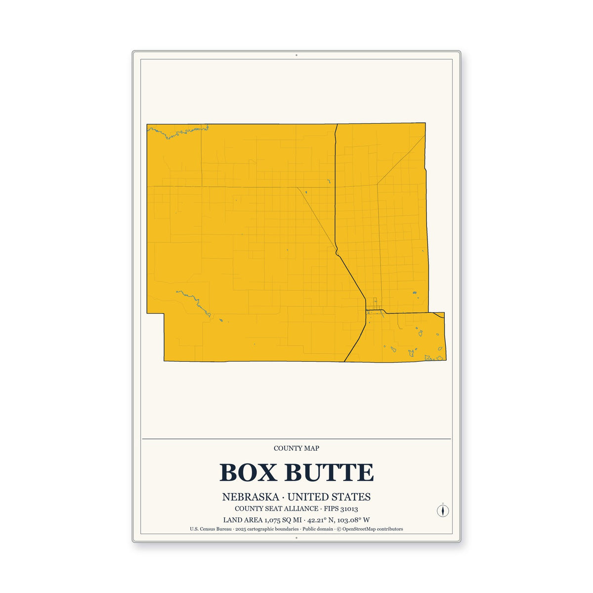 Box Butte County, Nebraska Map Aluminum Sign in Citrine Modern style