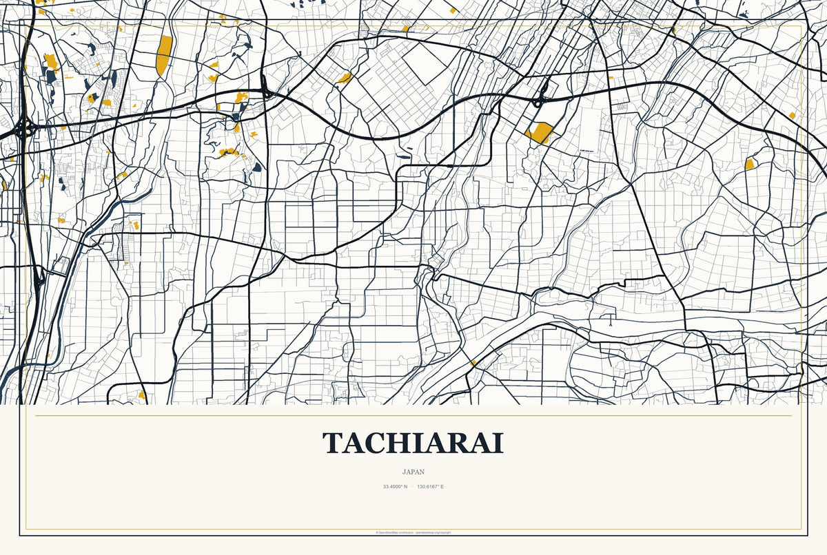 Tachiarai, Japan City Map Aluminum Sign in Citrine Modern style