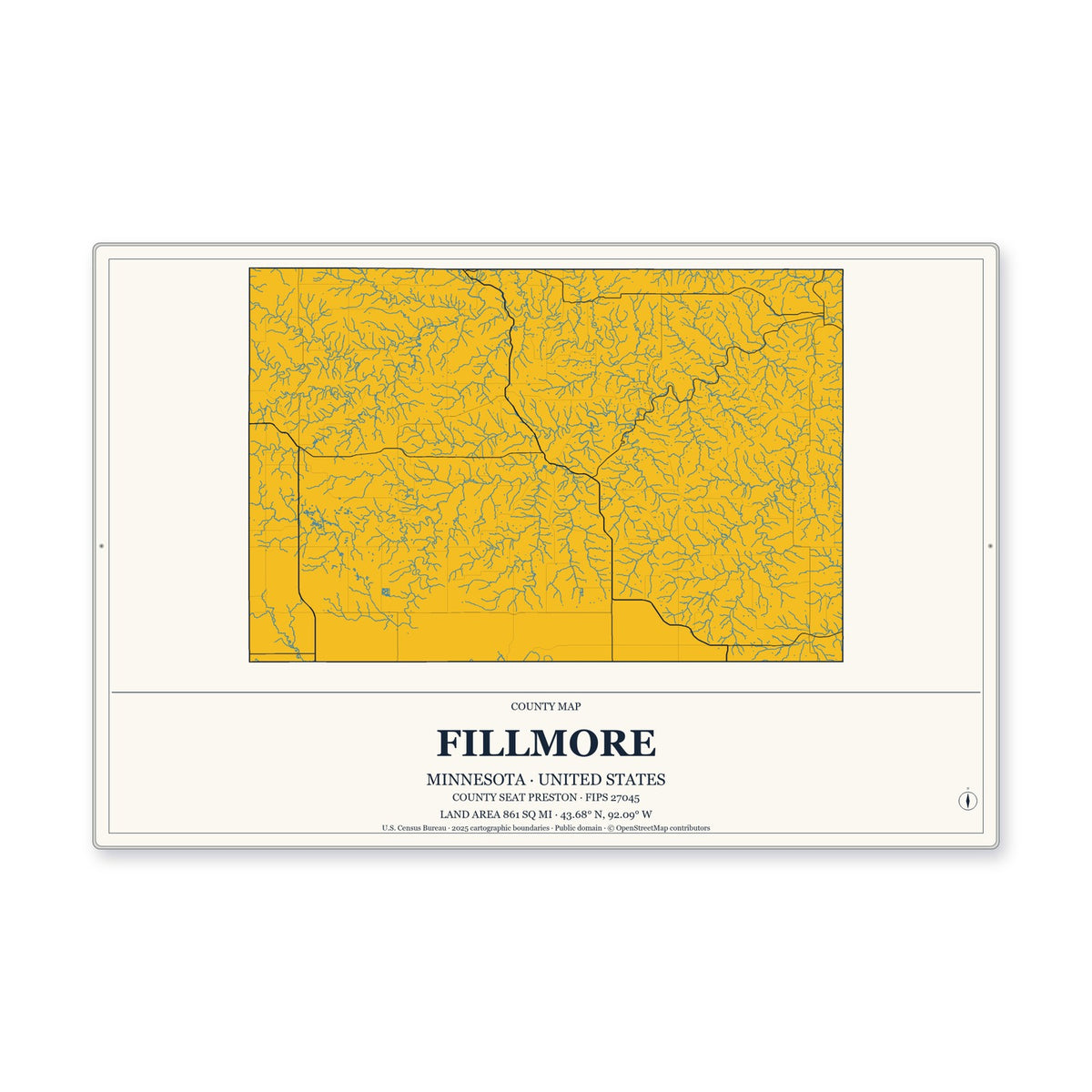 Fillmore County, Minnesota Map Aluminum Sign in Citrine Modern style