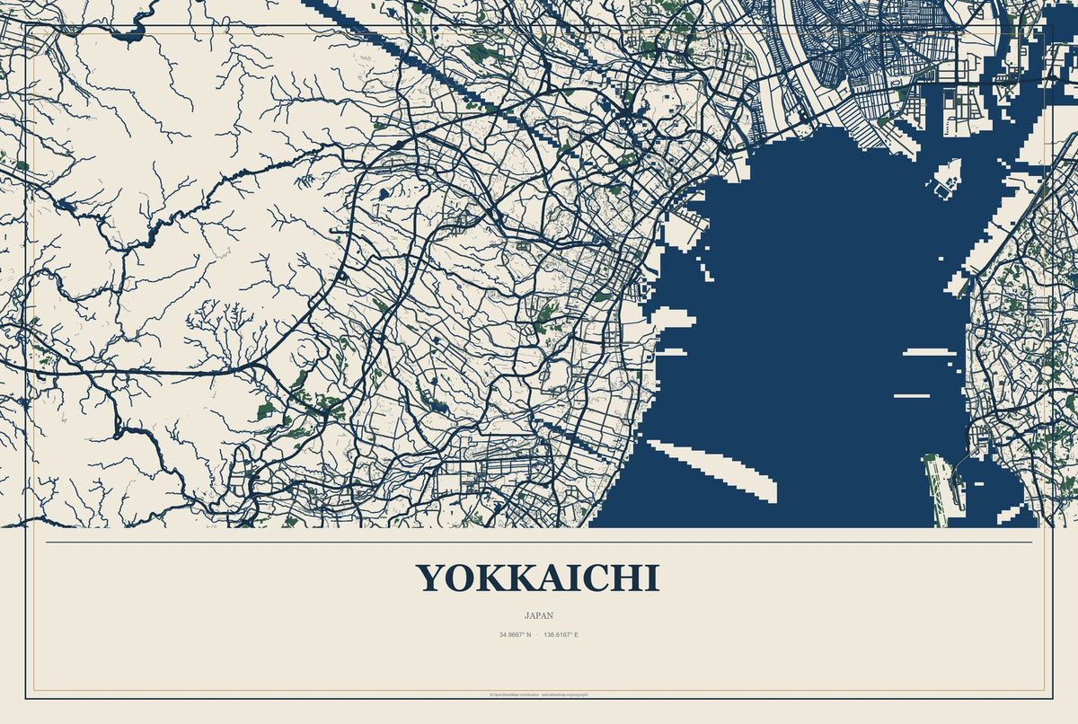 Yokkaichi, Mie, Japan City Map Aluminum Sign in Coastal Cutout style