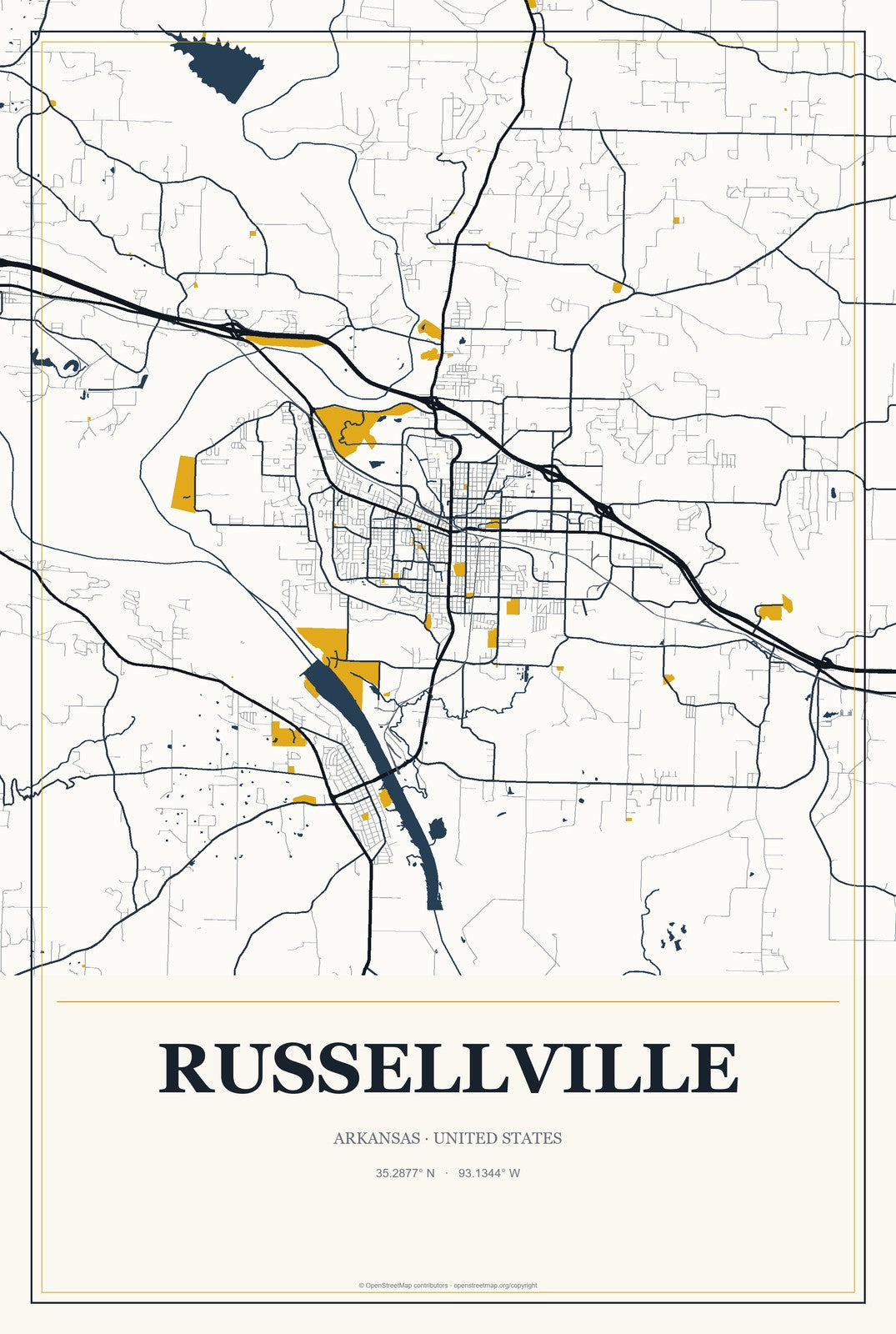 Russellville, Arkansas City Map Aluminum Sign in Citrine Modern style