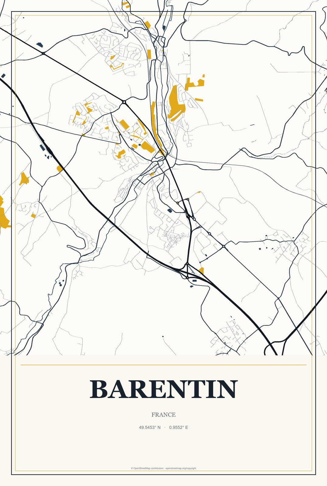 Barentin, France City Map Aluminum Sign in Citrine Modern style