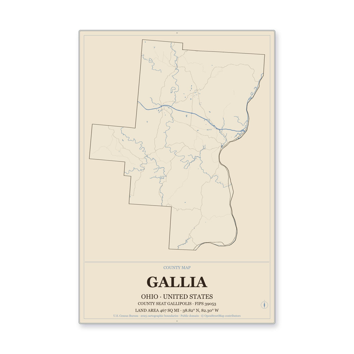 Gallia County, Ohio Map Aluminum Sign in Heritage Nautical style