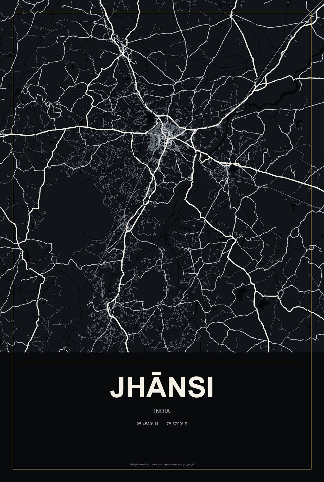 Jhānsi, India City Map Aluminum Sign in Metropolitan Noir style
