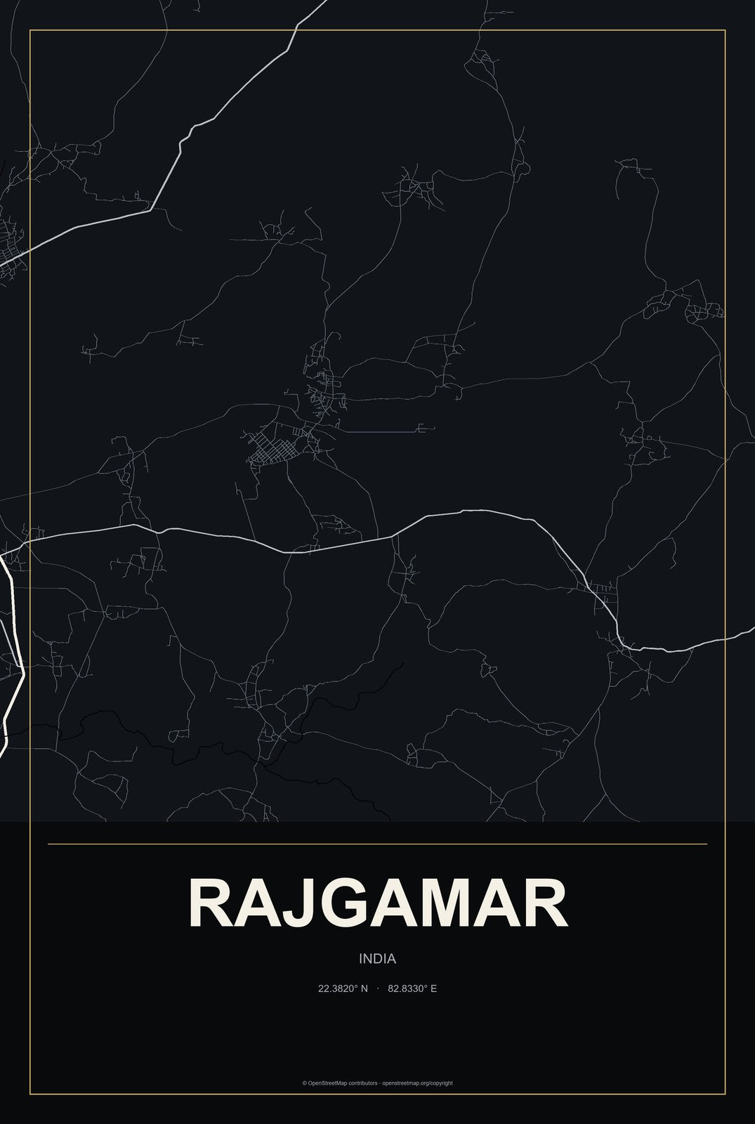 Rajgamar, India City Map Aluminum Sign in Metropolitan Noir style