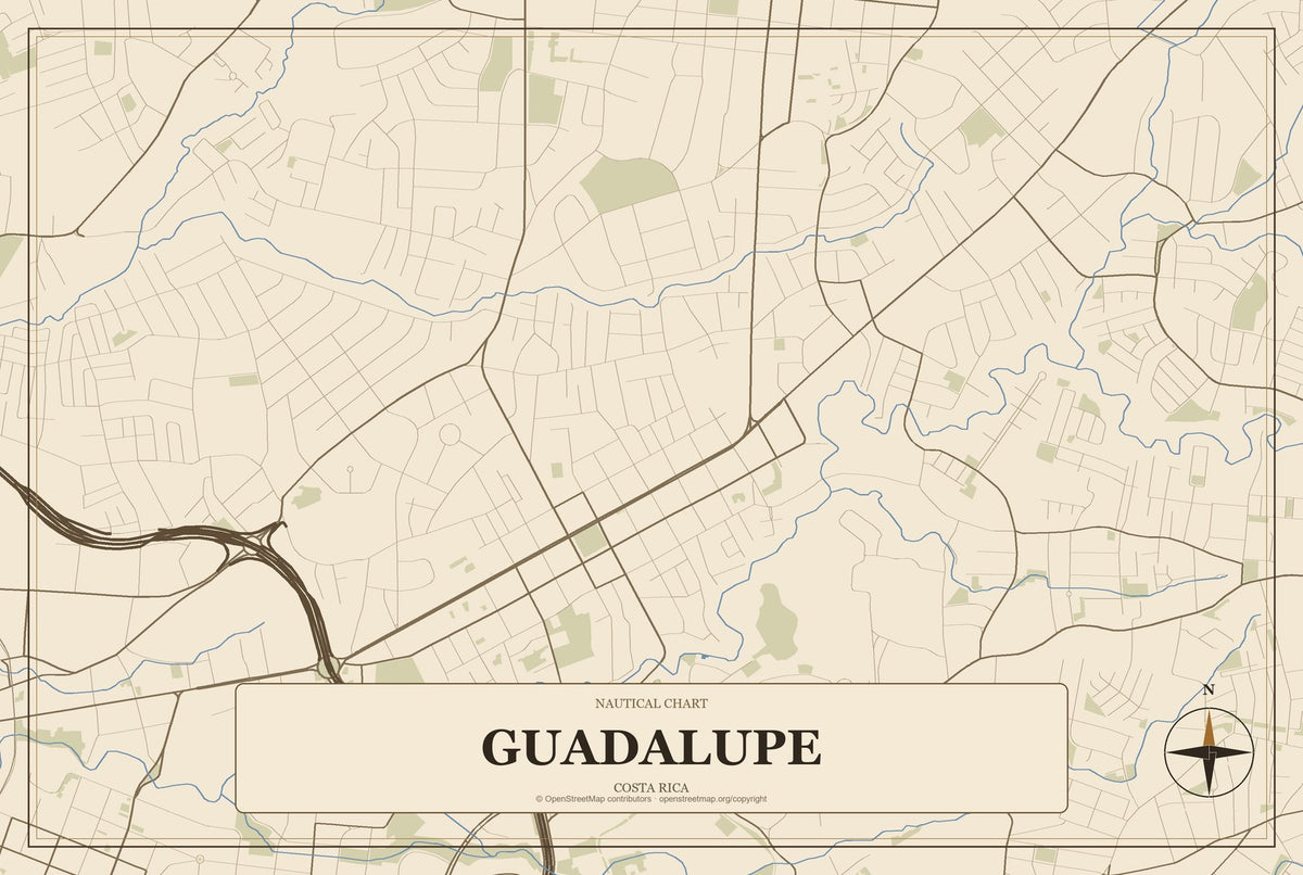 Guadalupe, Costa Rica City Map Aluminum Sign in Heritage Nautical style