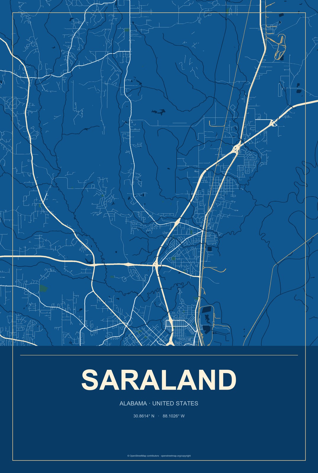 Saraland, Alabama City Map Aluminum Sign in Harbor Cobalt style
