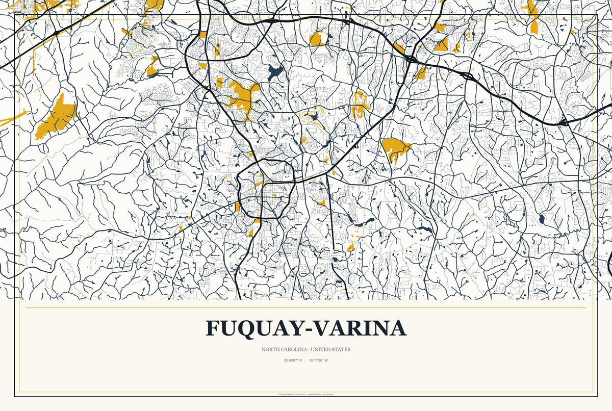 Fuquay-Varina, North Carolina City Map Aluminum Sign in Citrine Modern style