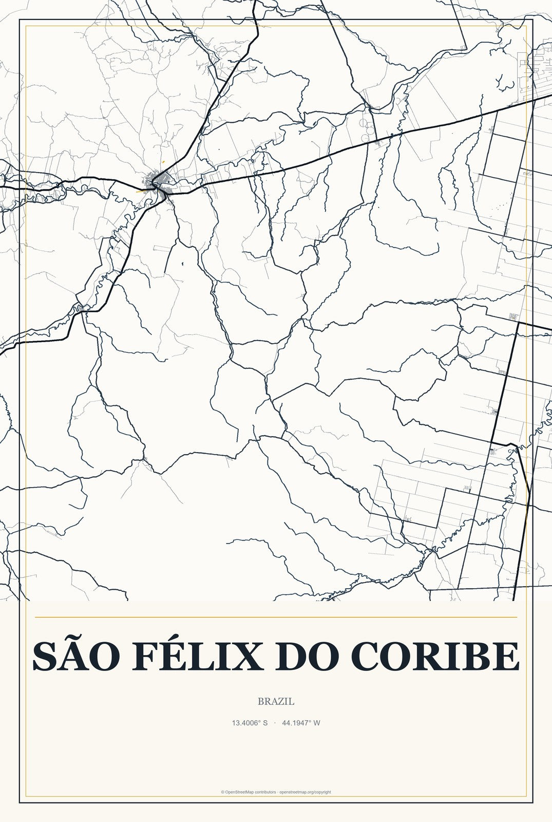 São Félix do Coribe, Brazil City Map Aluminum Sign in Citrine Modern style