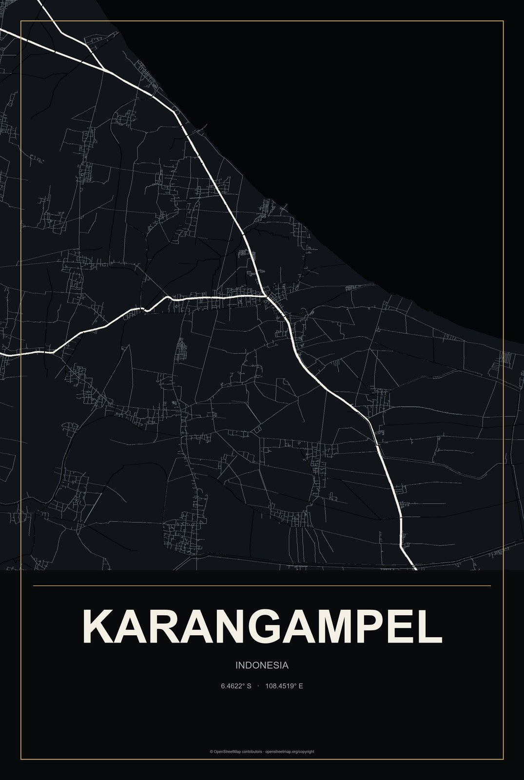 Karangampel, Indonesia City Map Aluminum Sign in Metropolitan Noir style