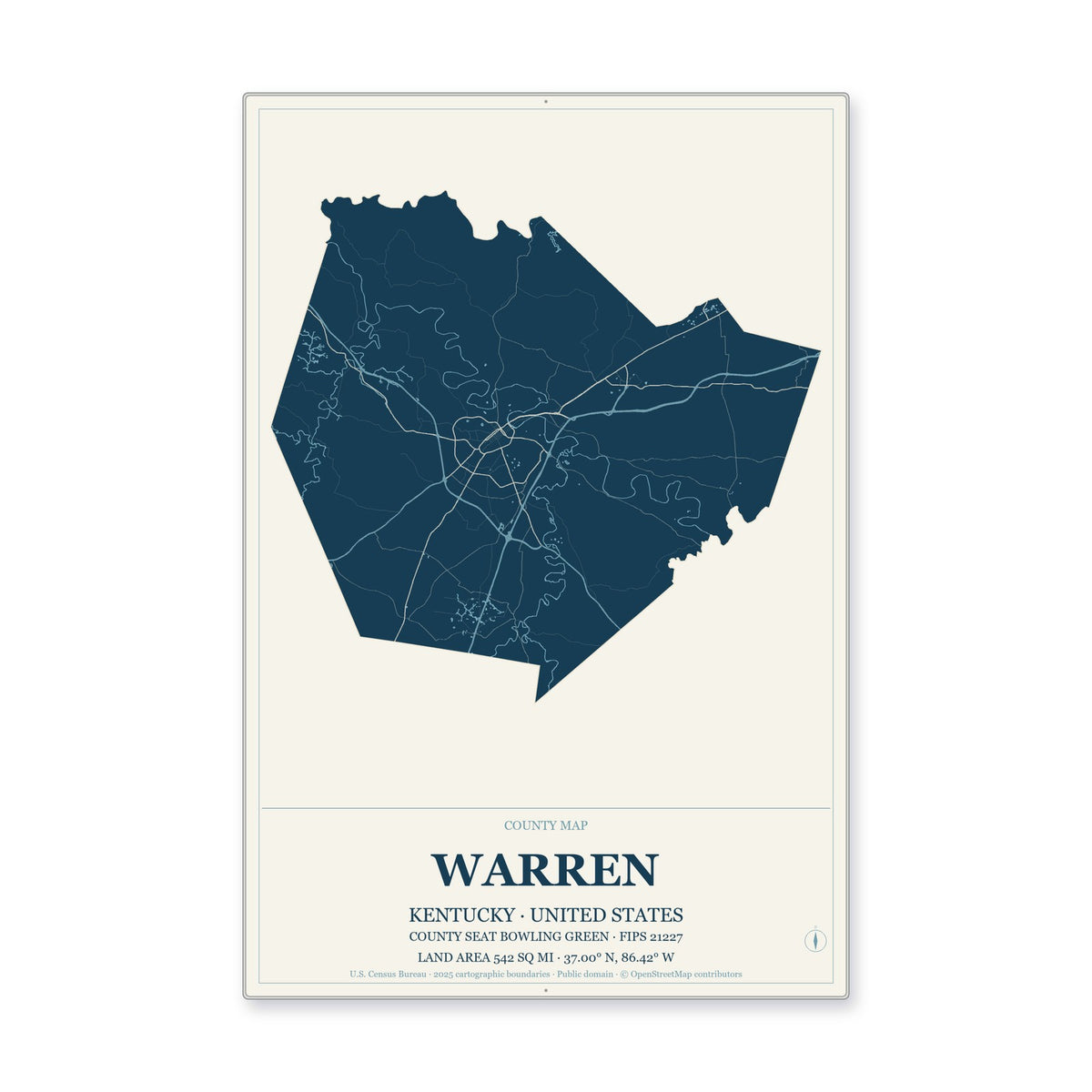 Warren County, Kentucky Map Aluminum Sign in Coastal Cutout style