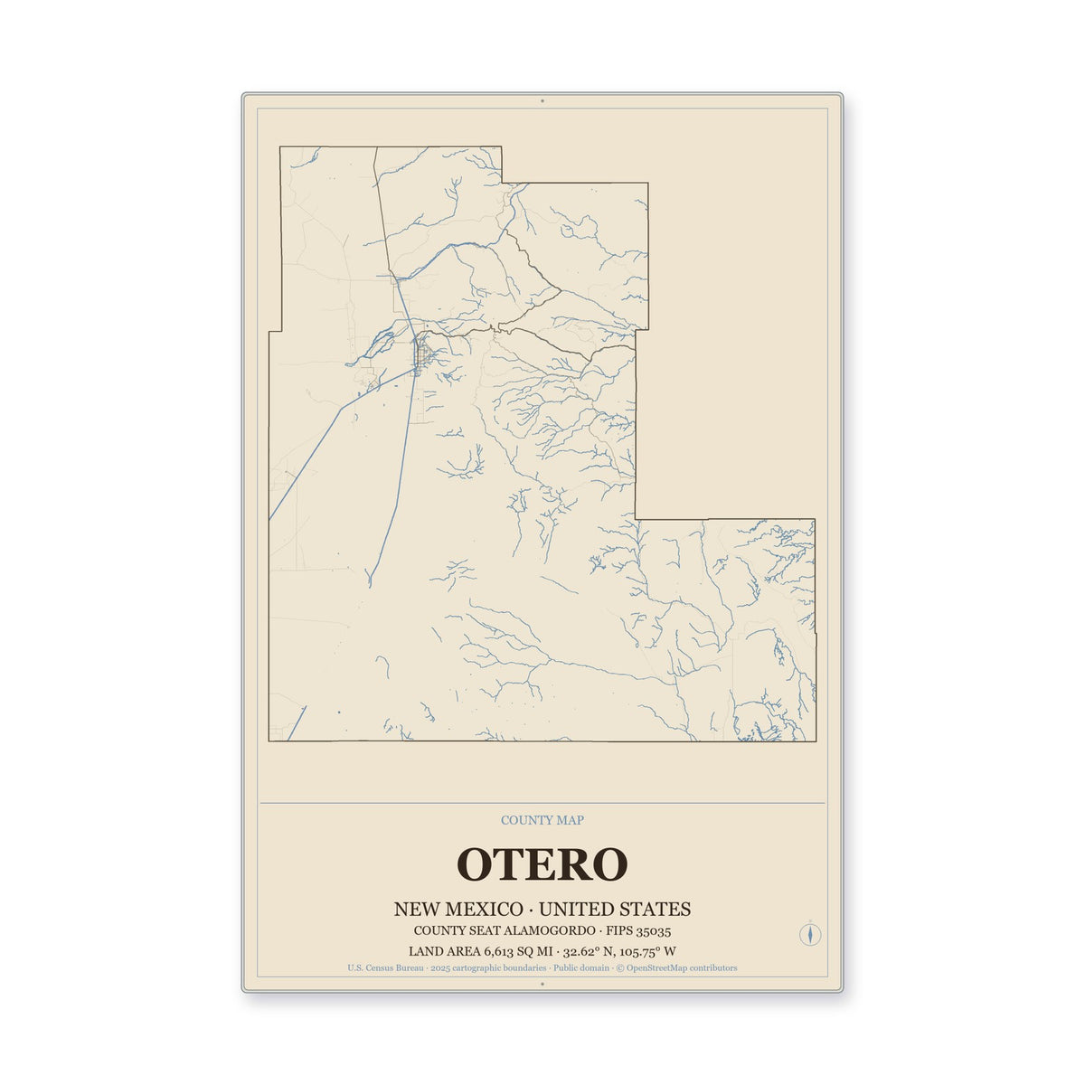 Otero County, New Mexico Map Aluminum Sign in Heritage Nautical style