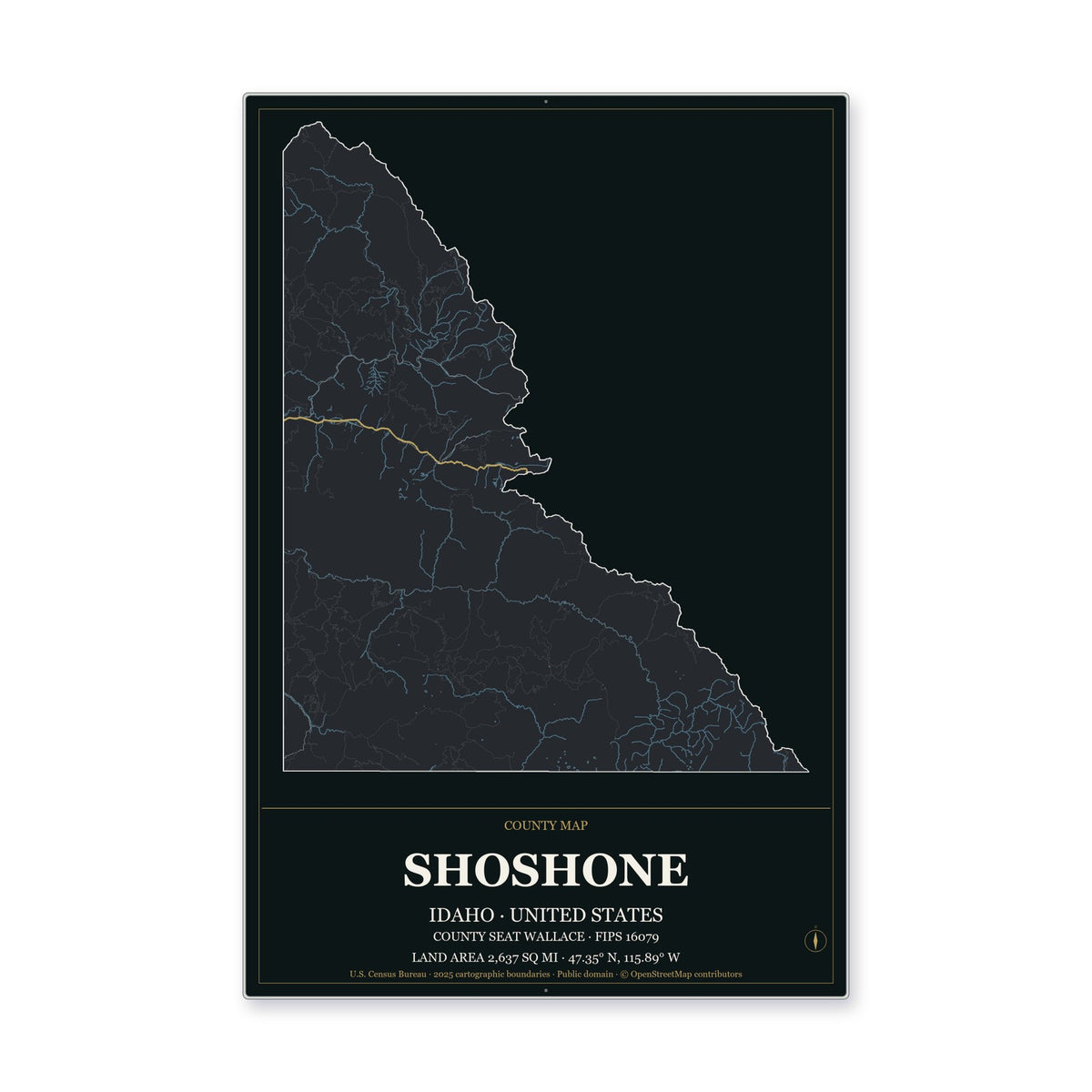 Shoshone County, Idaho Map Aluminum Sign in Metropolitan Noir style