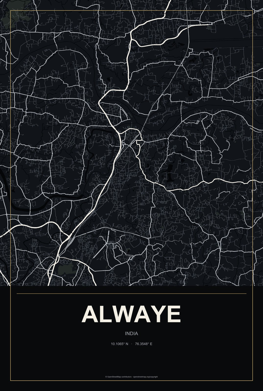 Alwaye, India City Map Aluminum Sign in Metropolitan Noir style