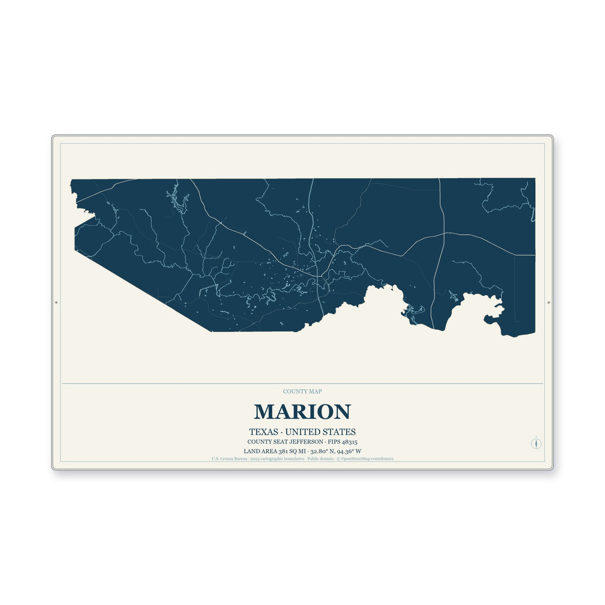 Marion County, Texas Map Aluminum Sign in Coastal Cutout style