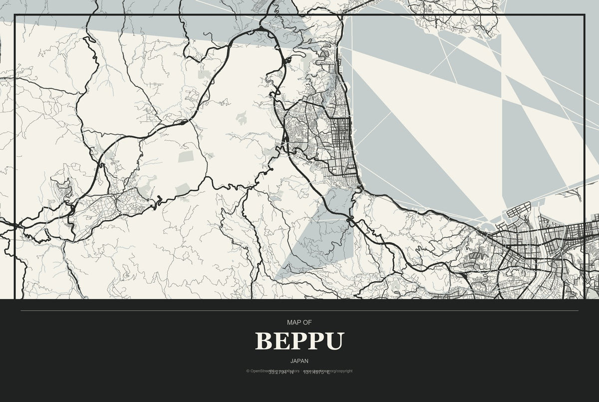 Beppu, Japan City Map Aluminum Sign in Museum Plaque style