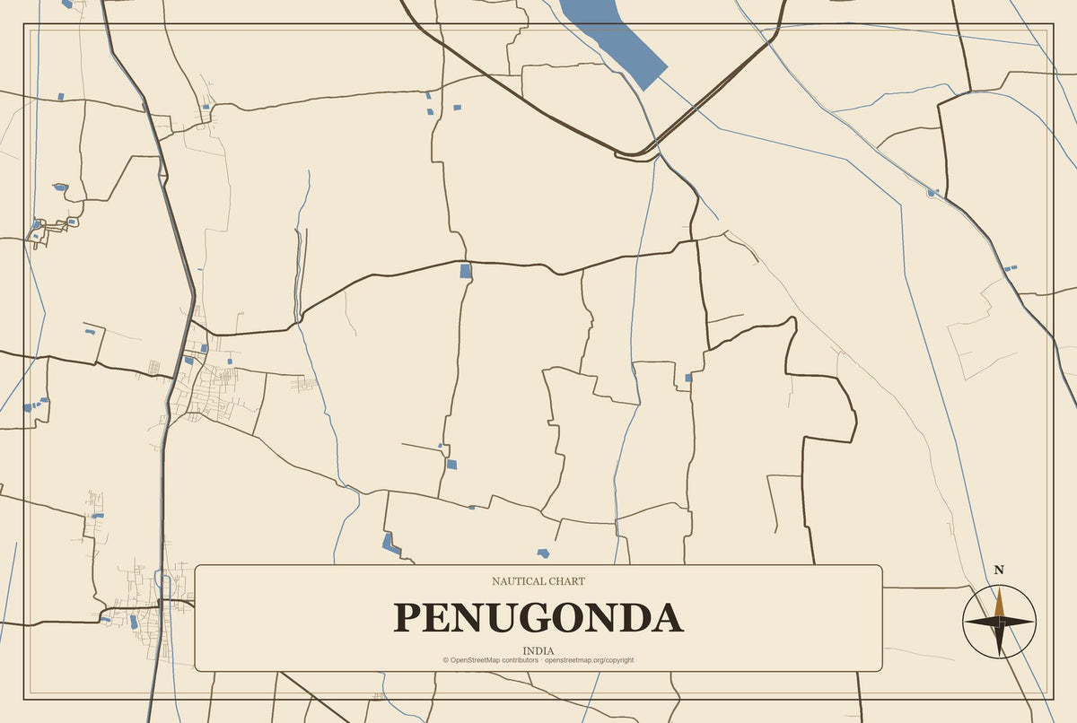 Penugonda, India City Map Aluminum Sign in Heritage Nautical style