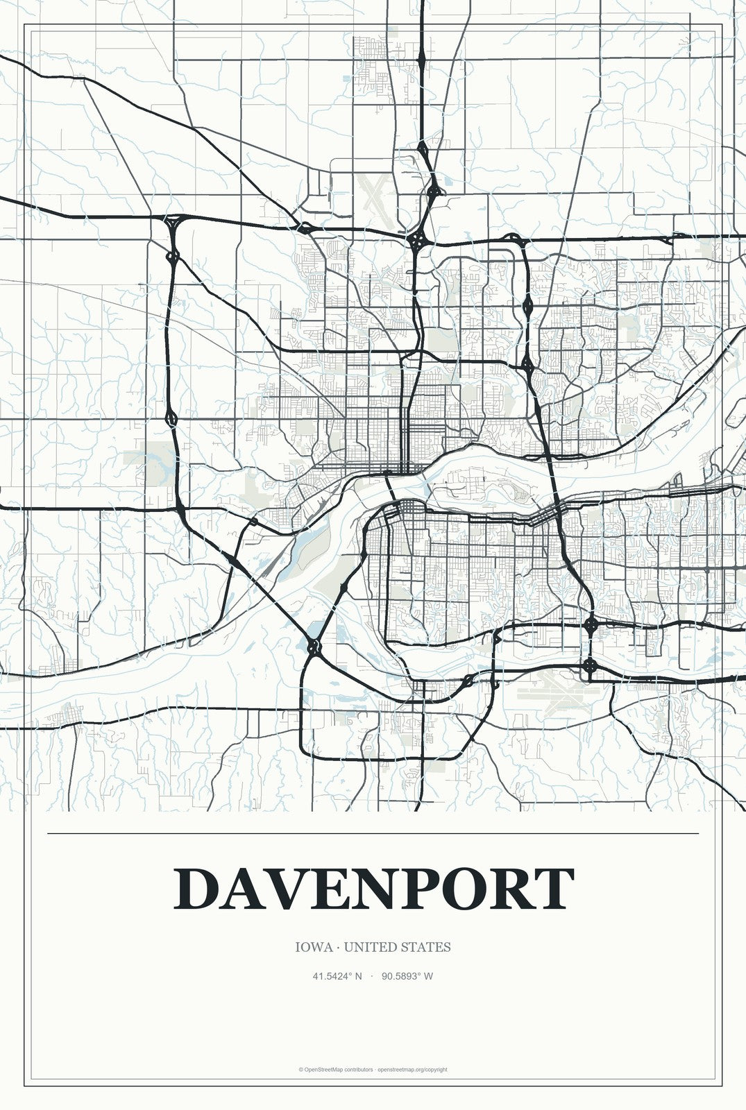 Davenport, Iowa City Map Aluminum Sign in Gallery Air style