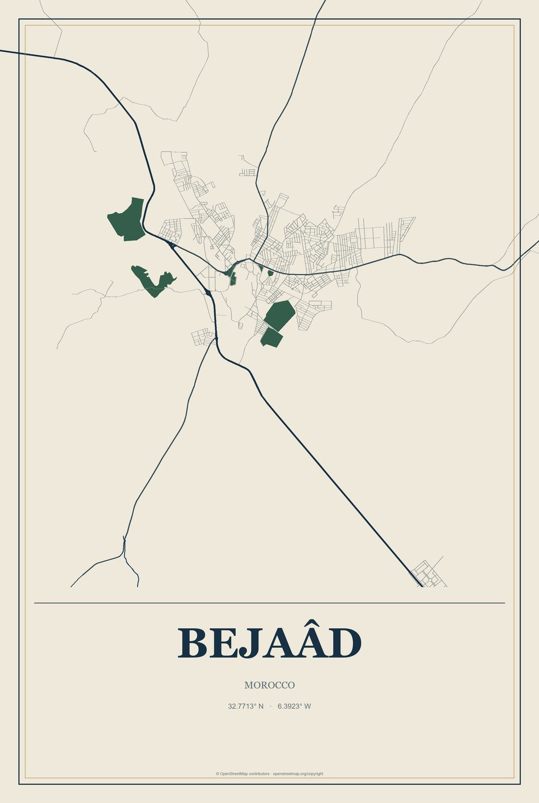 Bejaâd, Morocco City Map Aluminum Sign in Coastal Cutout style