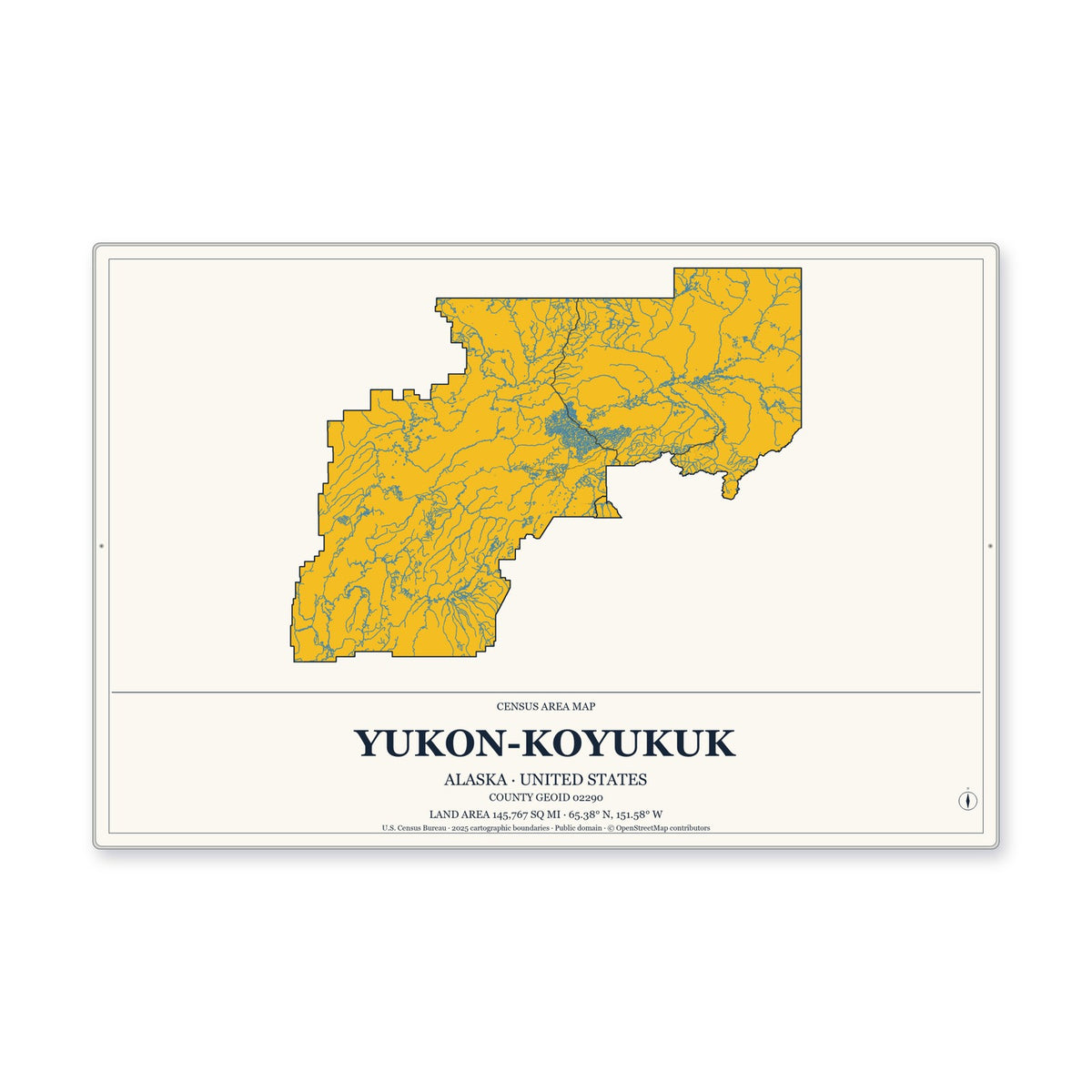 Yukon-Koyukuk Census Area, Alaska Map Aluminum Sign in Citrine Modern style