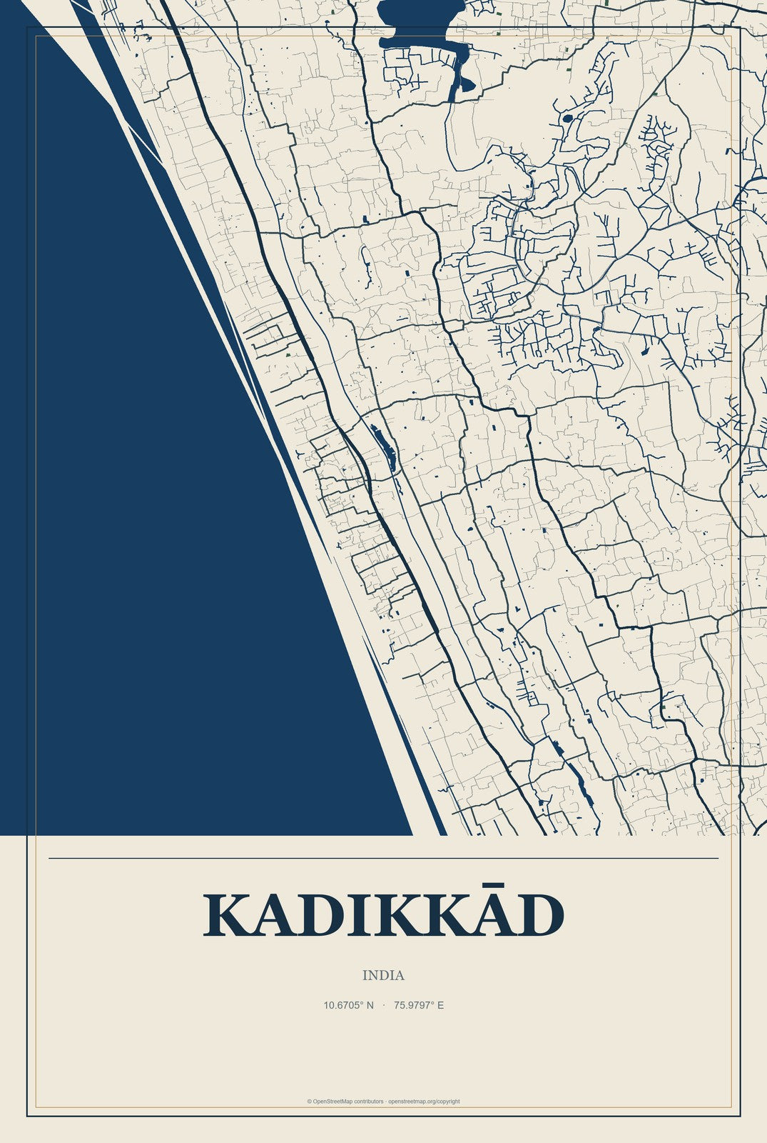 Kadikkād, India City Map Aluminum Sign in Coastal Cutout style