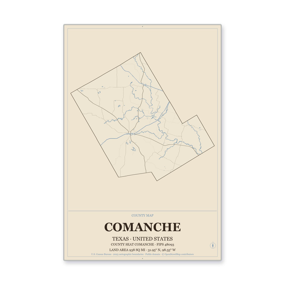 Comanche County, Texas Map Aluminum Sign in Heritage Nautical style
