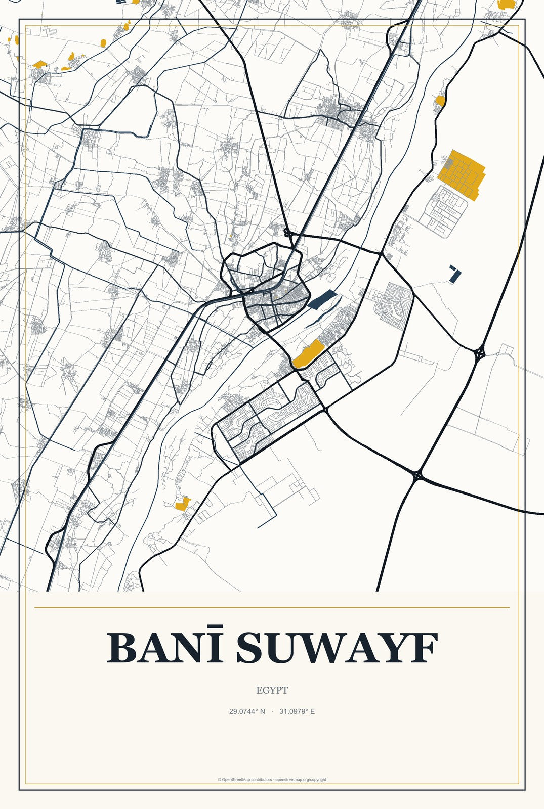 Banī Suwayf, Egypt City Map Aluminum Sign in Citrine Modern style