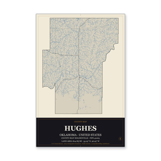 Hughes County, Oklahoma Map Aluminum Sign in Museum Plaque style