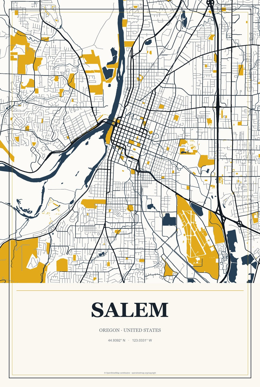 Salem, Oregon City Map Aluminum Sign in Citrine Modern style