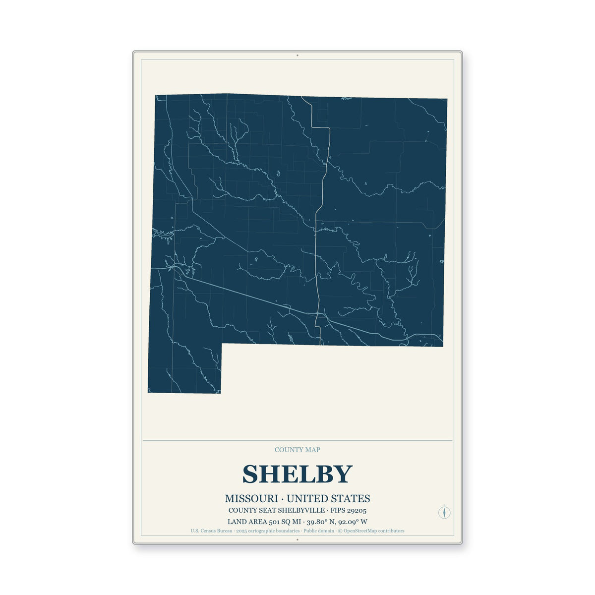 Shelby County, Missouri Map Aluminum Sign in Coastal Cutout style