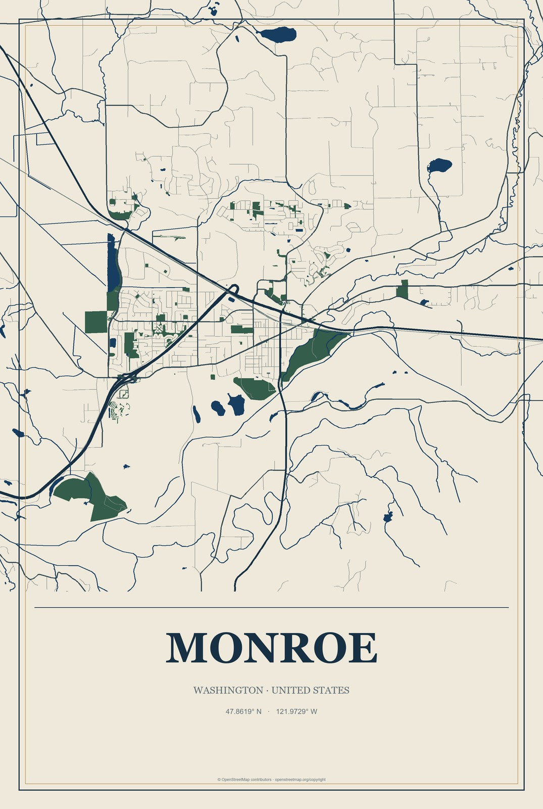 Monroe, Washington City Map Aluminum Sign in Coastal Cutout style