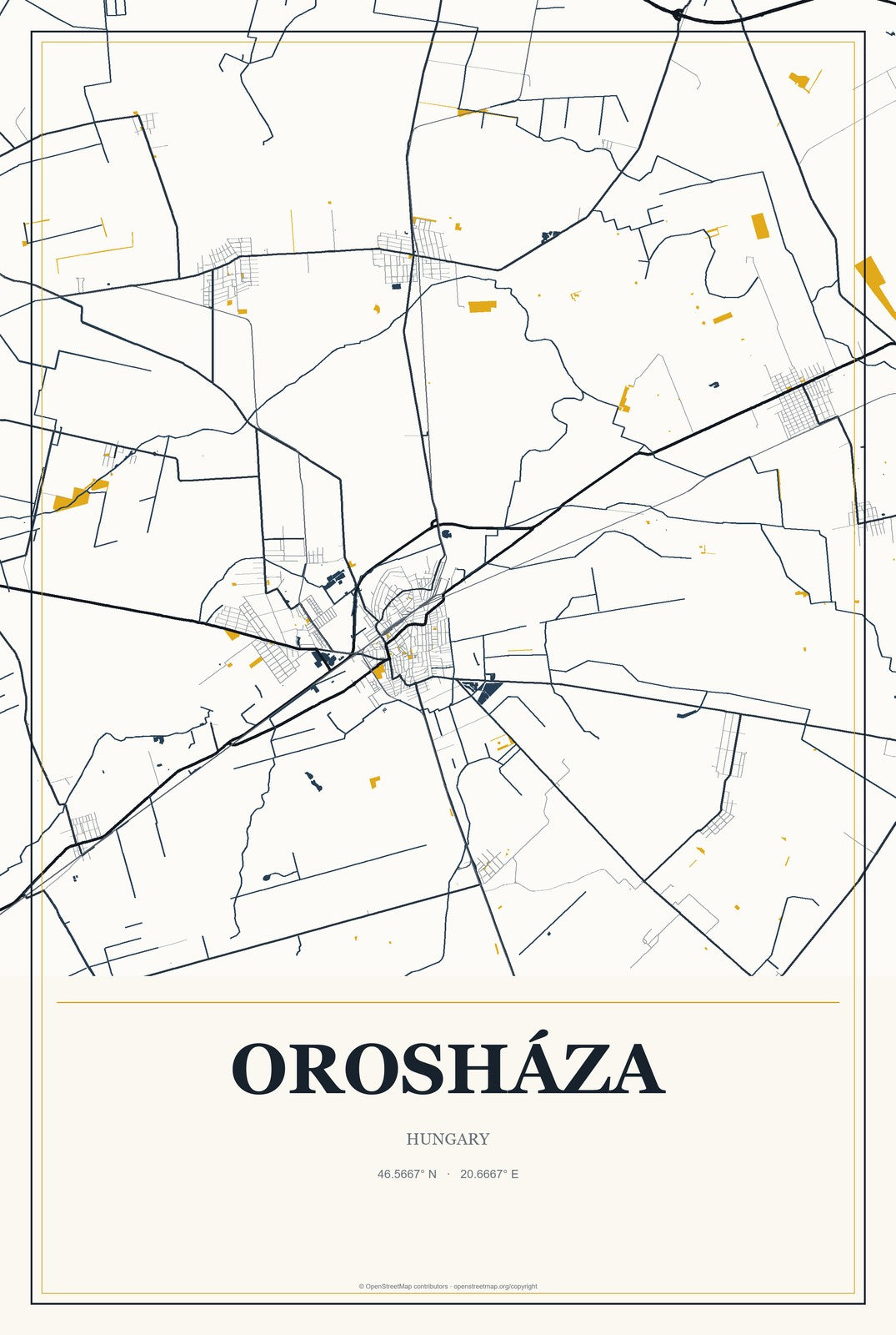 Orosháza, Hungary City Map Aluminum Sign in Citrine Modern style