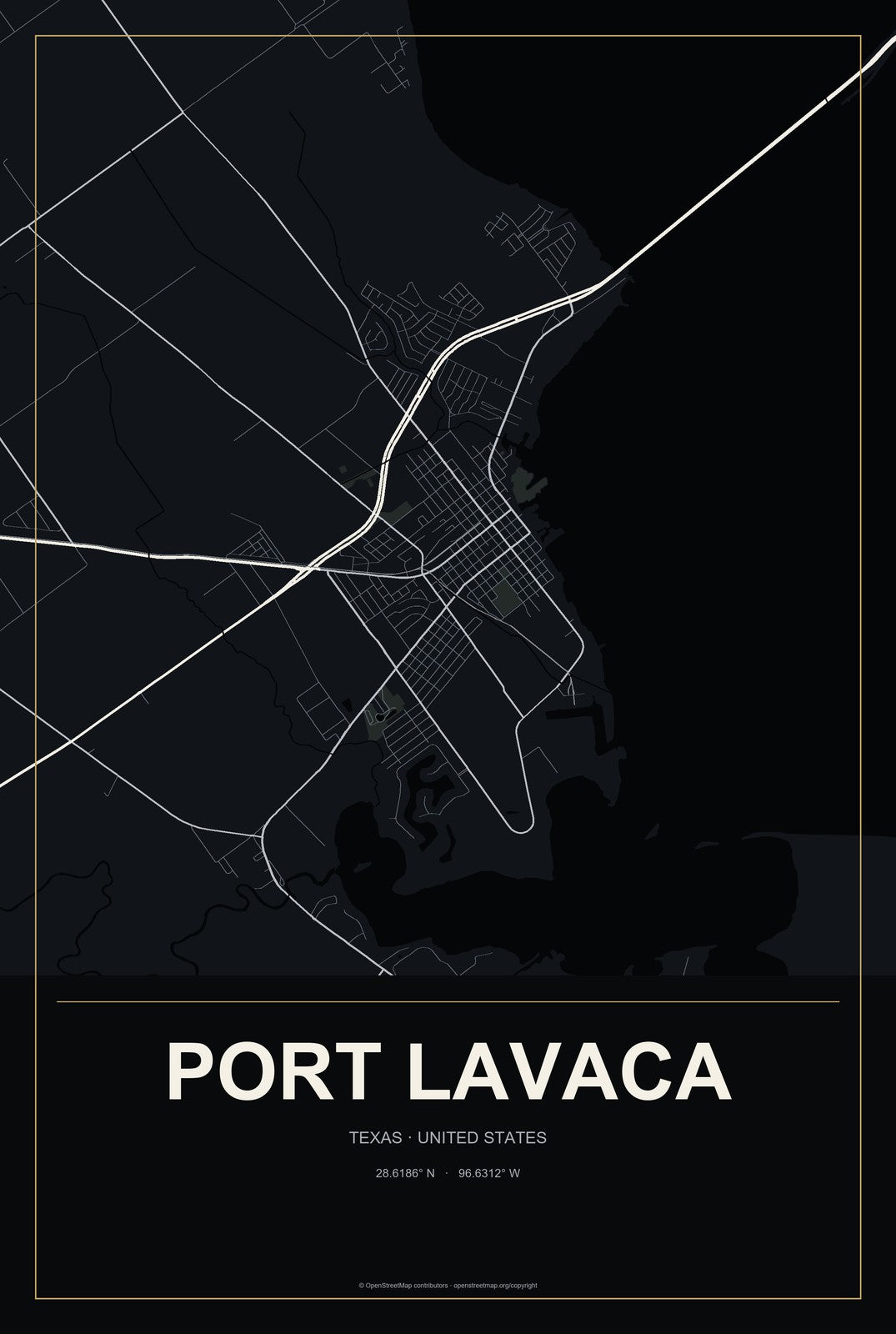 Port Lavaca, Texas City Map Aluminum Sign in Metropolitan Noir style