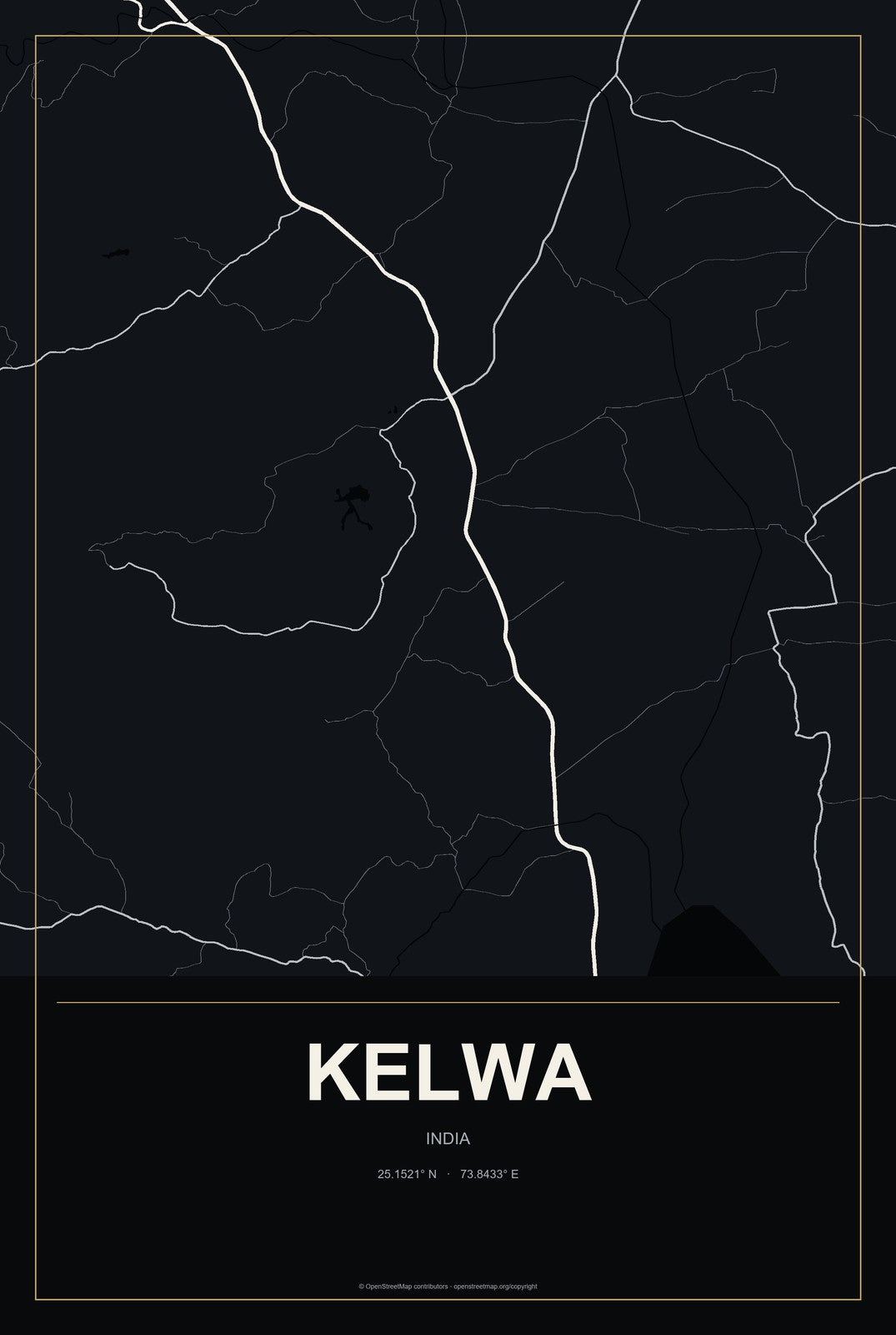 Kelwa, India City Map Aluminum Sign in Metropolitan Noir style