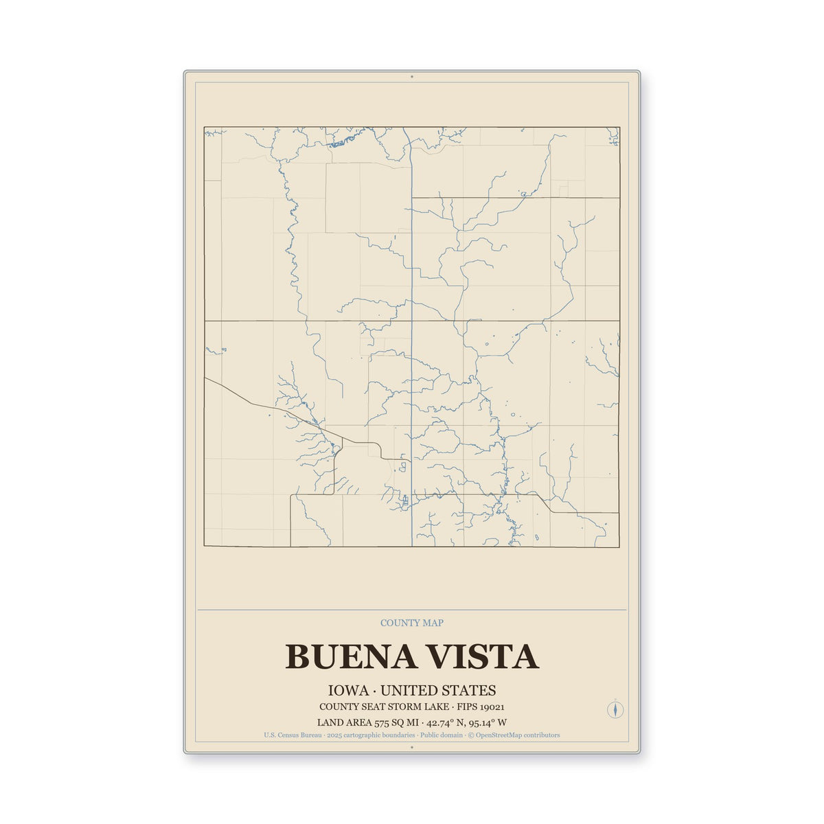Buena Vista County, Iowa Map Aluminum Sign in Heritage Nautical style